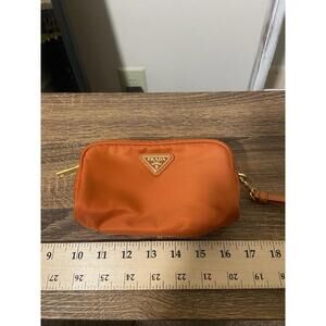 Prada Tessuto orange nylon saffiano logo-lined clutch pouch